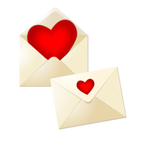 Öppna och stänga kuvert med glas röda hjärtan för alla hjärtans dag på vit bakgrund — Stock vektor
