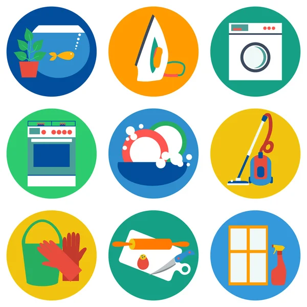 Iconos del trabajo doméstico. Ilustración vectorial. Diseño plano . — Vector de stock