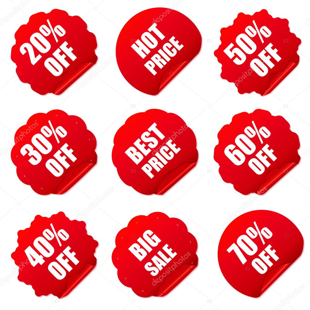 Realistic red discount stickers set. Vector illustration.