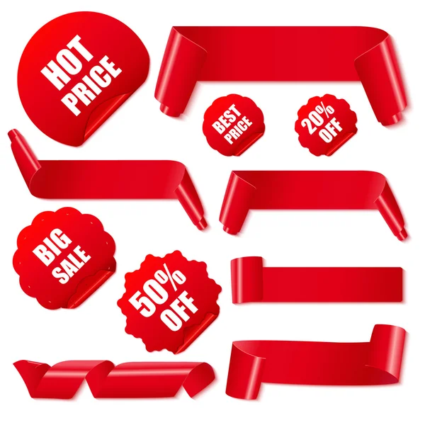 Set of realistic red paper ribbons and discount stickers. — Stock Vector