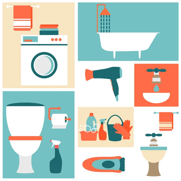 Iconos de diseño plano en un tema de baño, inodoro, limpieza . — Vector de stock