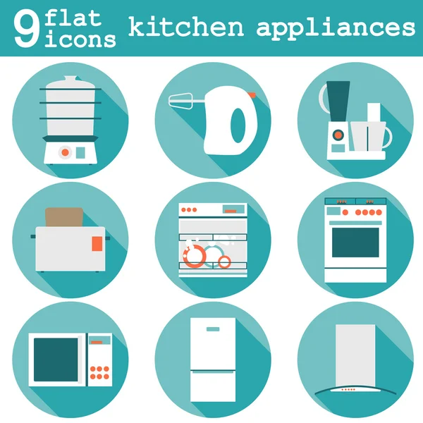 Ställa in platt design ikoner av köksmaskiner med långa skugga. — Stock vektor