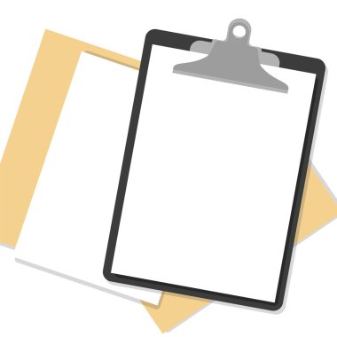 Flat clipboard with paper sheets on desk. Vector illustration clipart