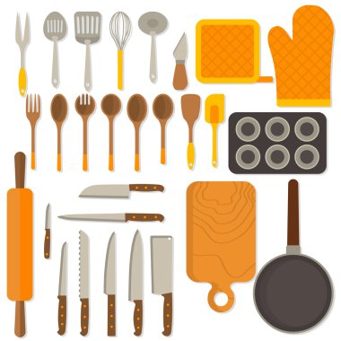 Beyaz arka plan üzerinde izole mutfak eşyaları düz tasarım kümesi. 