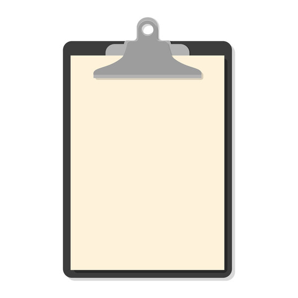 Flat clipboard with paper sheets on white. Vector illustration