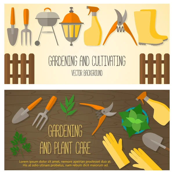 Bahçe ve bitki bakımı için düz tasarım afiş.