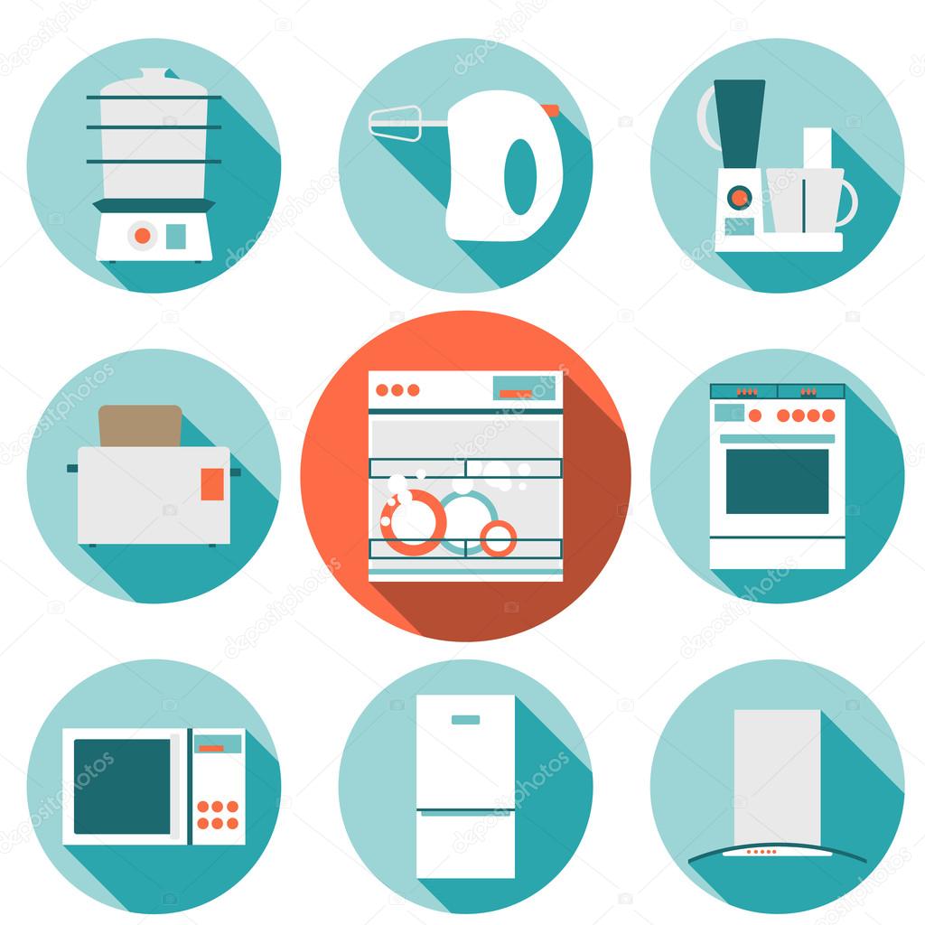 Set flat design icons of kitchen appliances with long shadow.