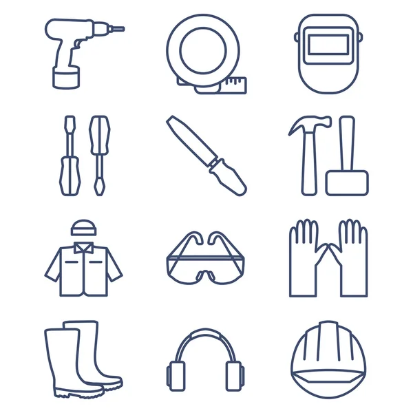 Set of line icons for DIY, tools and work clothes. — Stock Vector