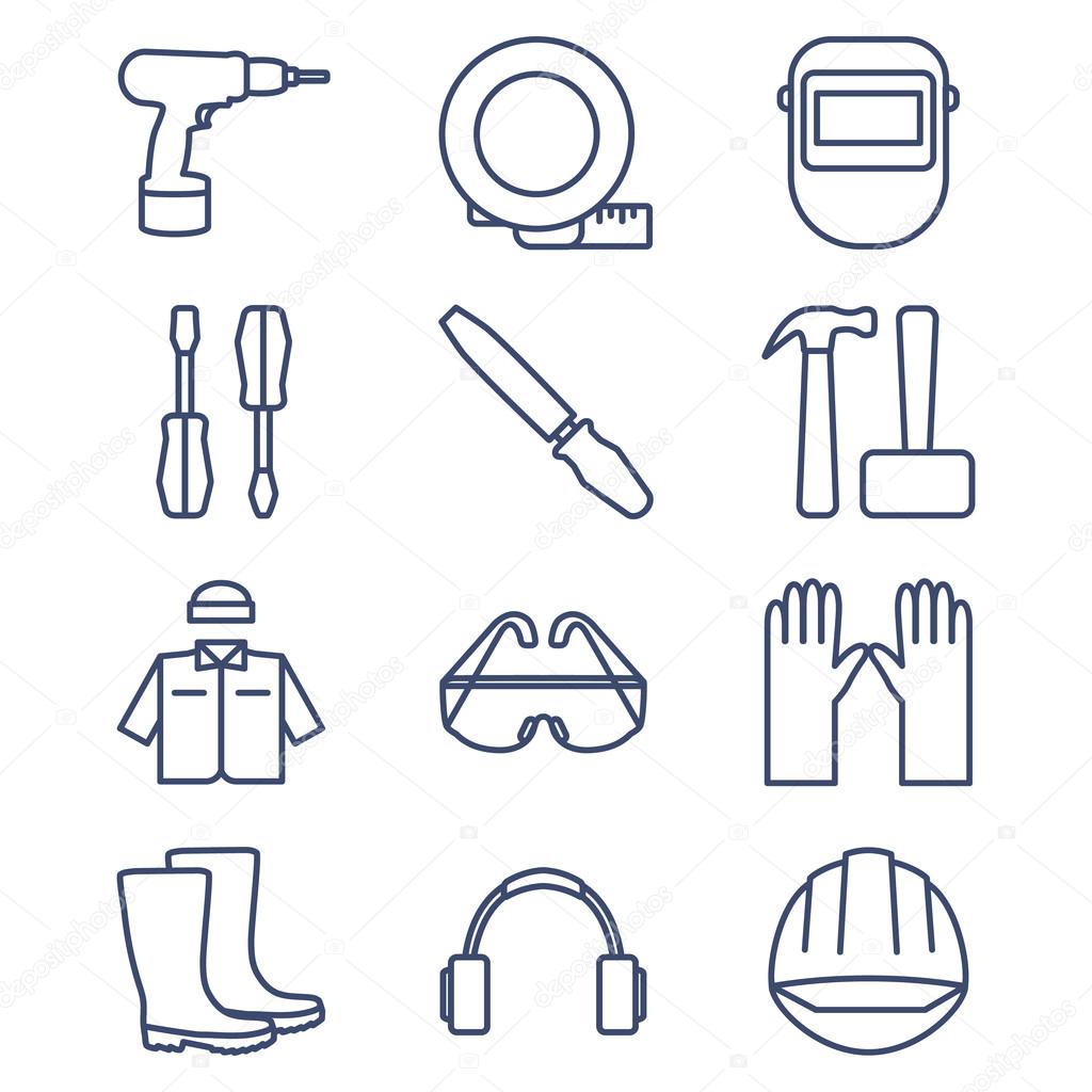 Set of line icons for DIY, tools and work clothes.