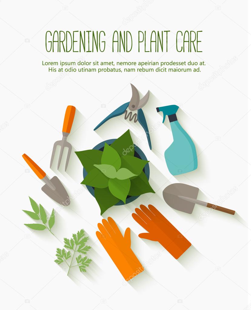 Flat design banner for gardening and plant care with garden tools icons isolated on white with long shadow.
