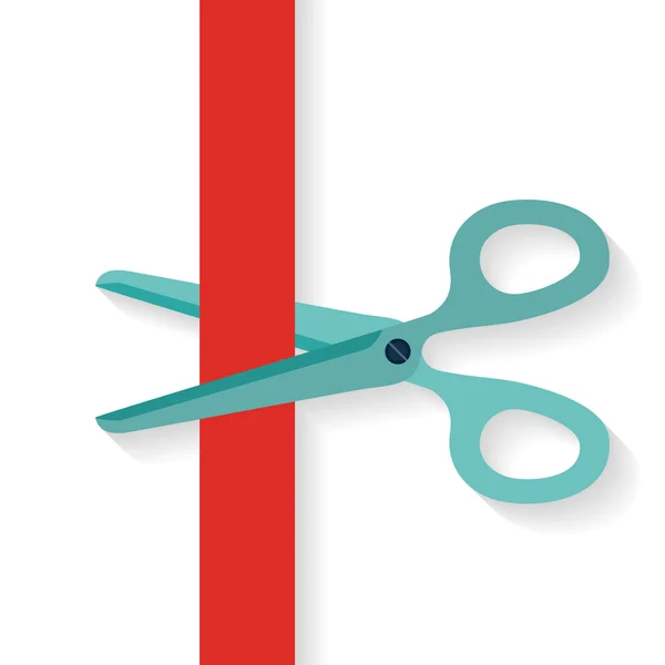 Flat design icon scissors cutting red vertical ribbon. — Stock Vector