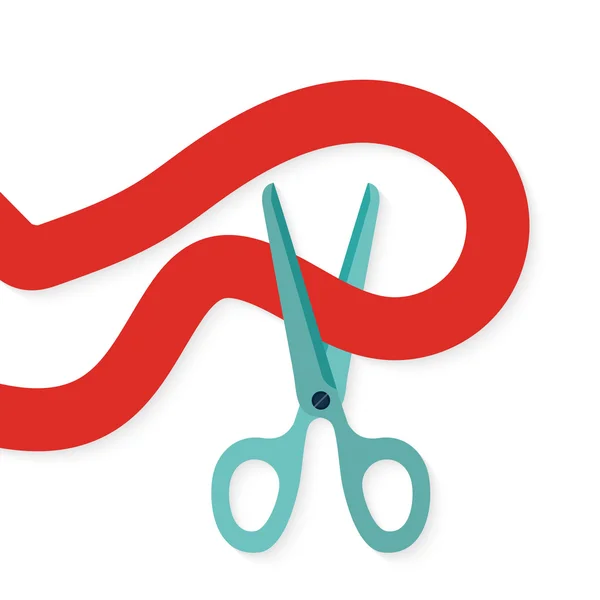 Flat design icon scissors cutting red curved ribbon. — Stock Vector