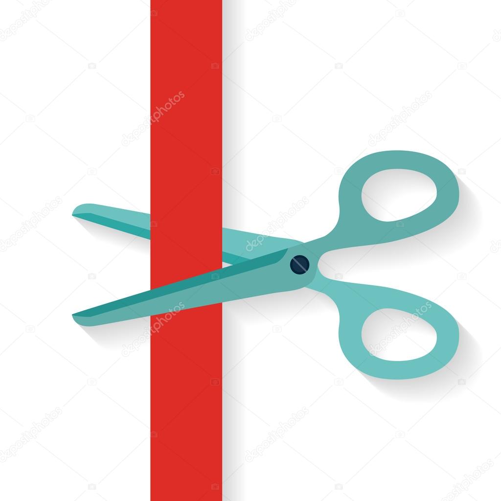 Flat design icon scissors cutting red vertical ribbon.