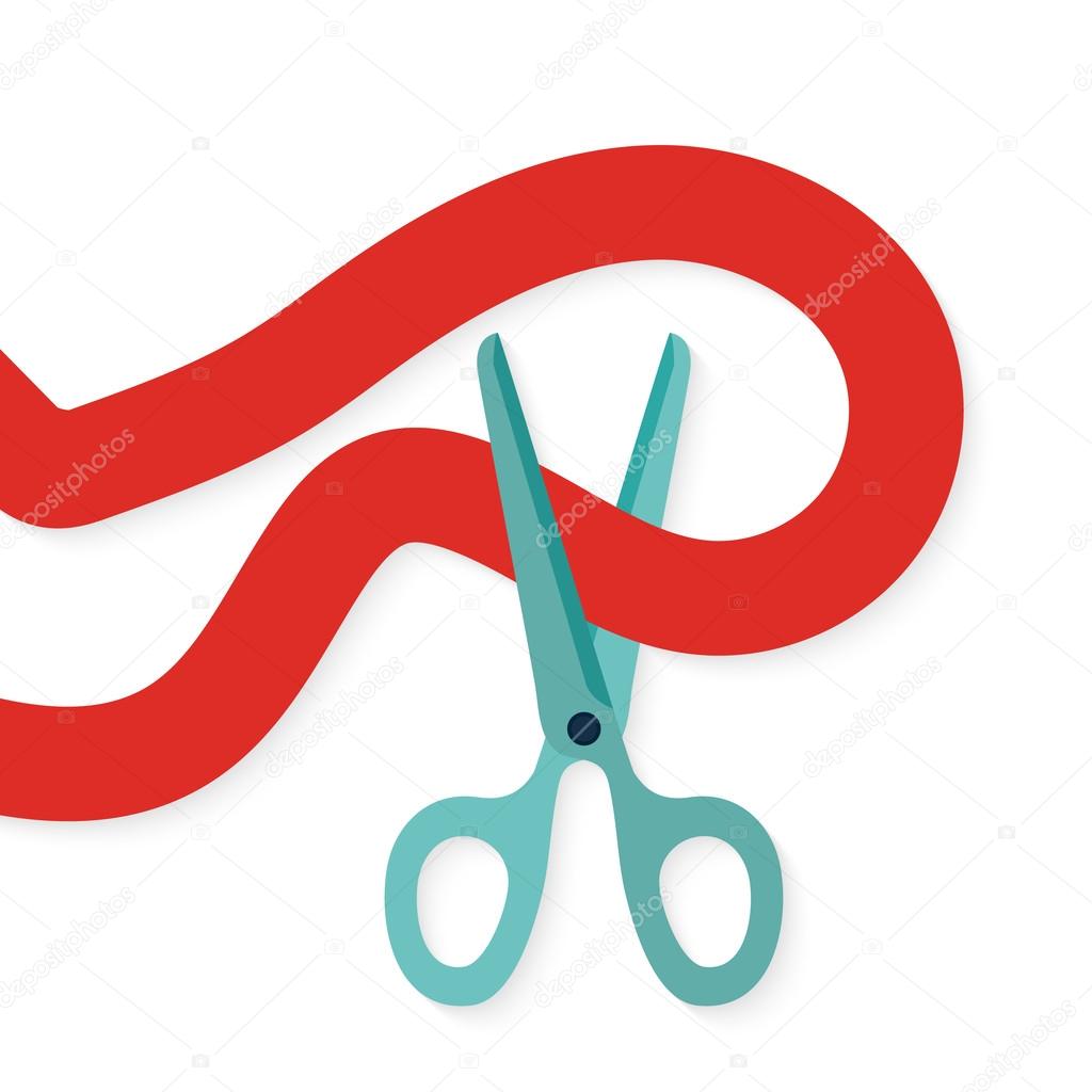 Flat design icon scissors cutting red curved ribbon.