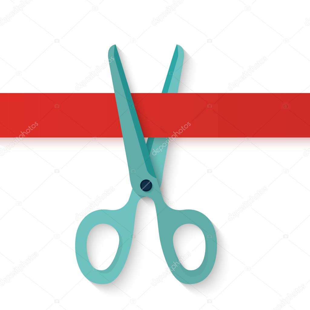 Flat design icon scissors cutting red horizontal ribbon.