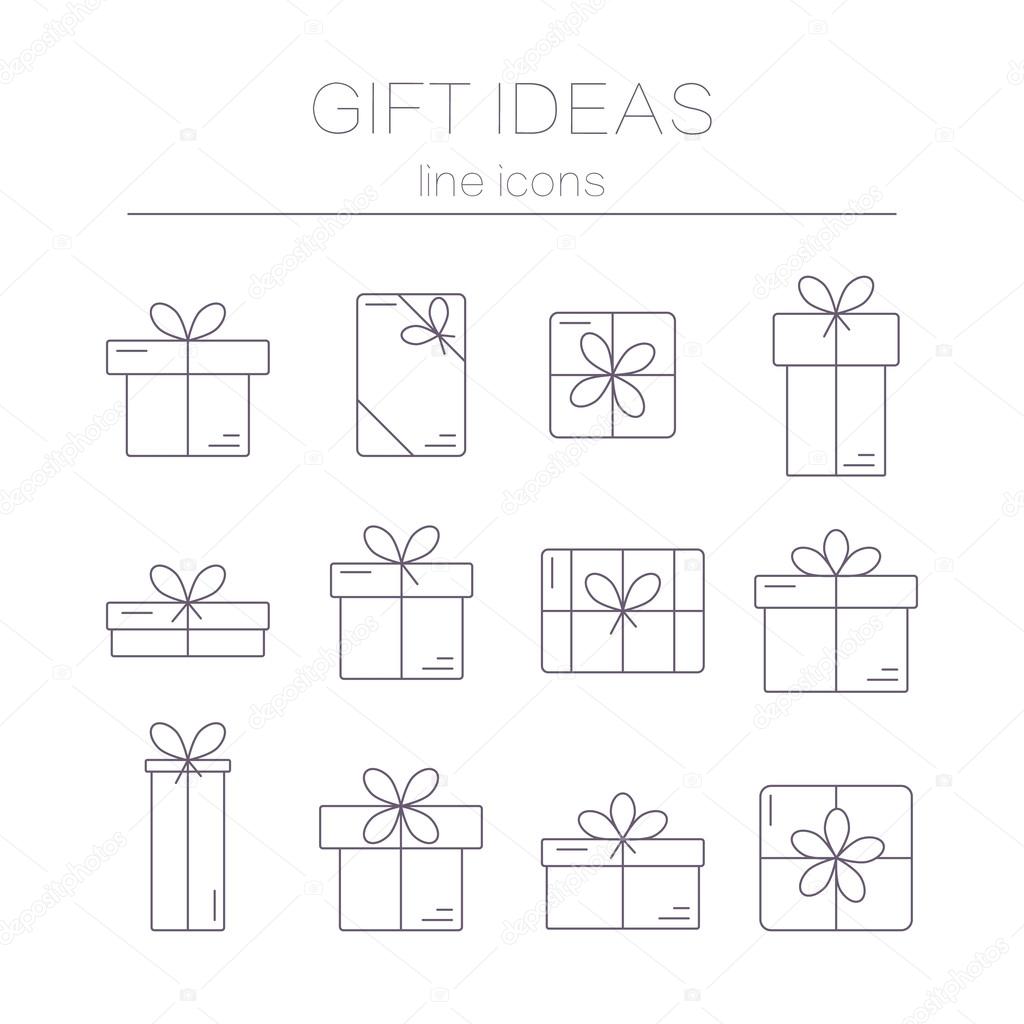 Set of vector  thin line icons of gift boxes isolated on white background. Concept for gift wrapping, cards, celebrations logo.