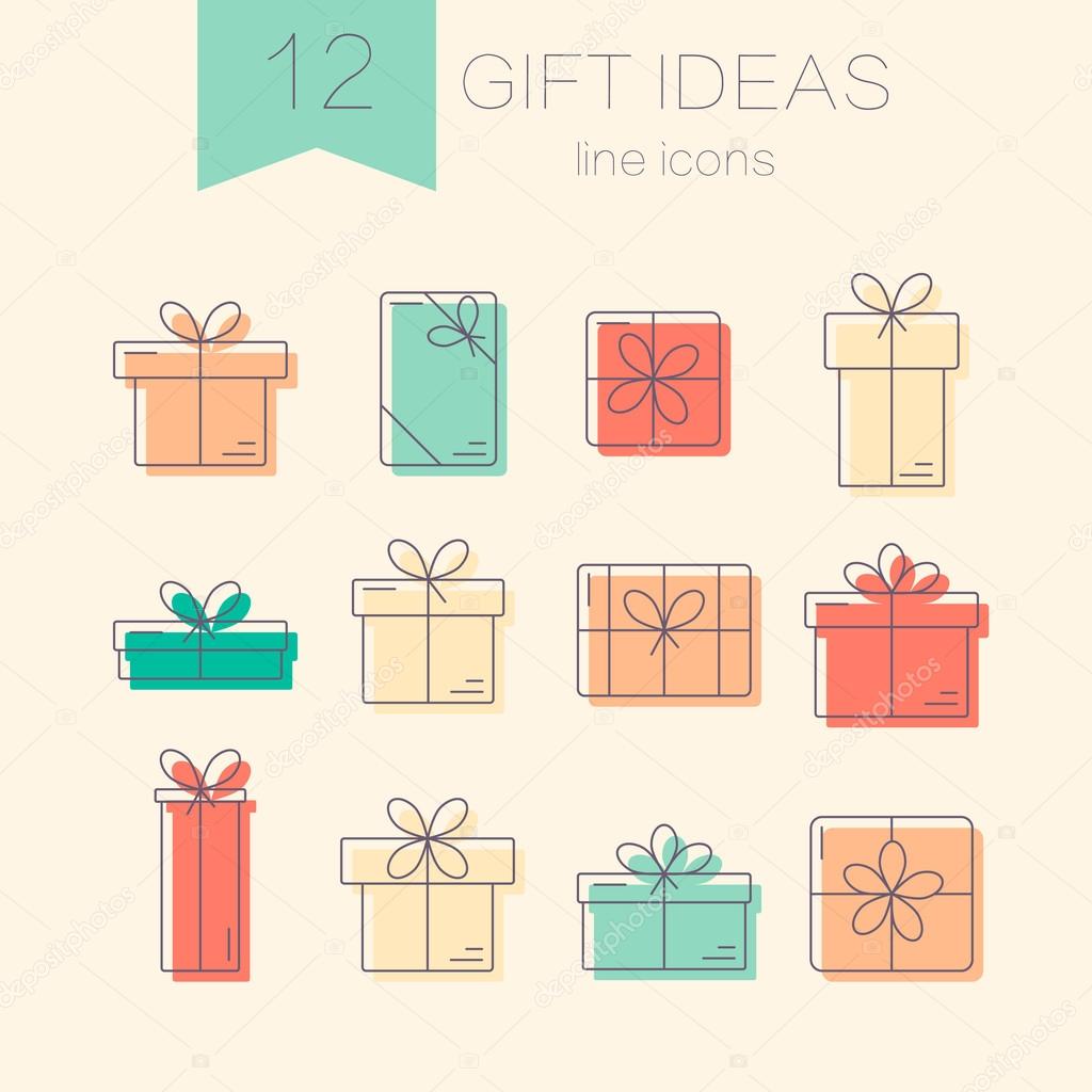 Set of vector thin line color icons of gift boxes. Concept for gift wrapping, cards, celebrations logo.