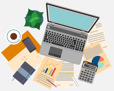 Belgeler ve dizüstü bilgisayar ile çalışma alanı'nın Üstten Görünüm.