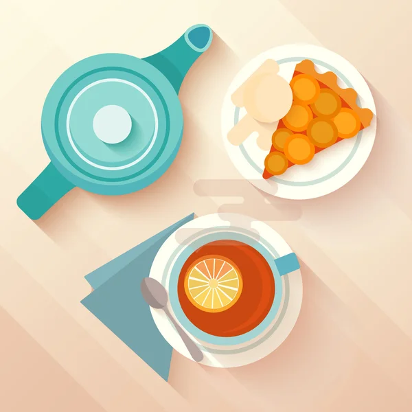 Colazione inglese con una tazza di tè e torta di albicocche . — Vettoriale Stock