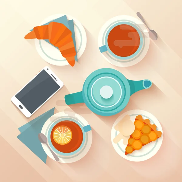 Breakfast for two with tea, apricot pie and croissant. Vector Graphics