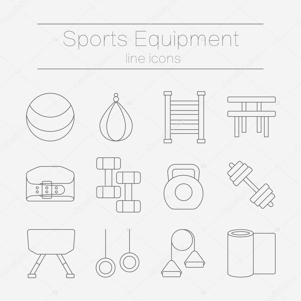 Set of modern flat line icons sports equipment, gym training