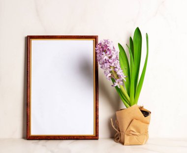 Dikdörtgen çerçeveli poster modeli ve masada mor sümbül.. 