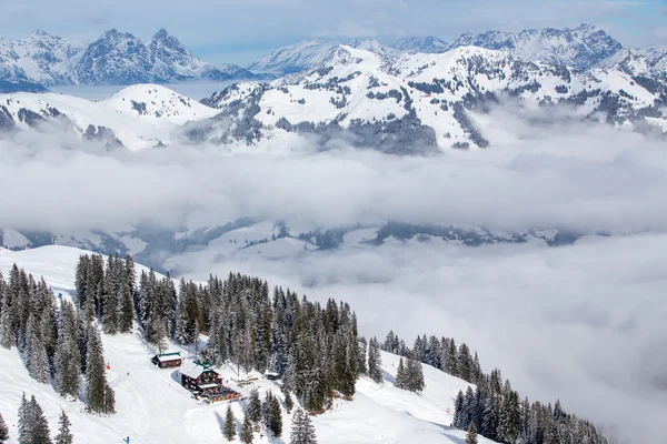 Skier skiing and enjoying view to mountains — Stock Photo, Image