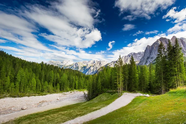 Visa till alpin bäck Dolomiterna bergen — Stockfoto