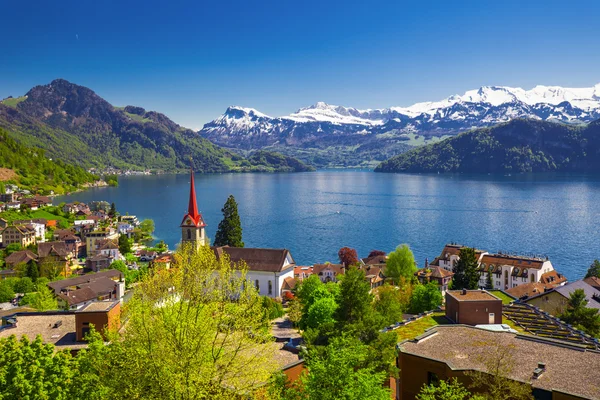 Panorama över byn Weggis och Vierwaldstättersjön — Stockfoto