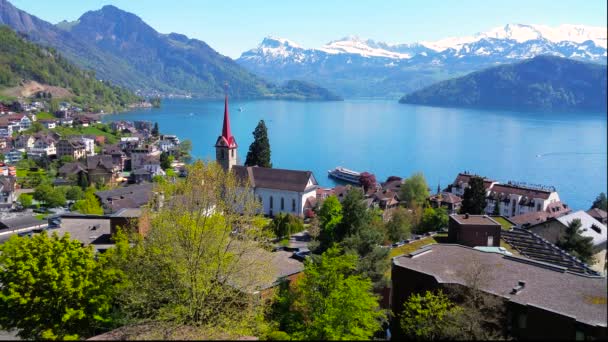 Vista para aldeia Weggis e lago Lucerna — Vídeo de Stock