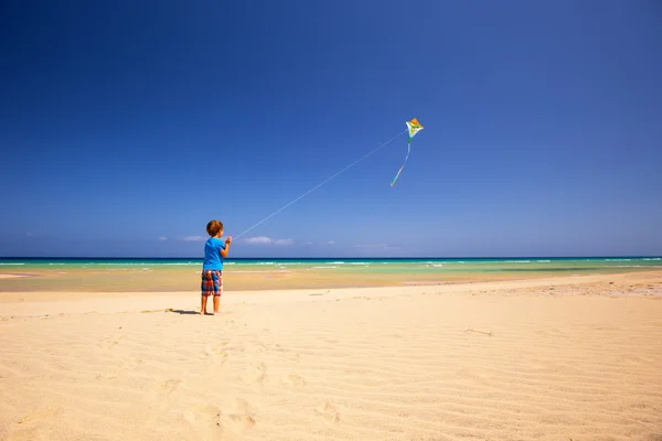 Fiú és kite a strandon — Stock Fotó