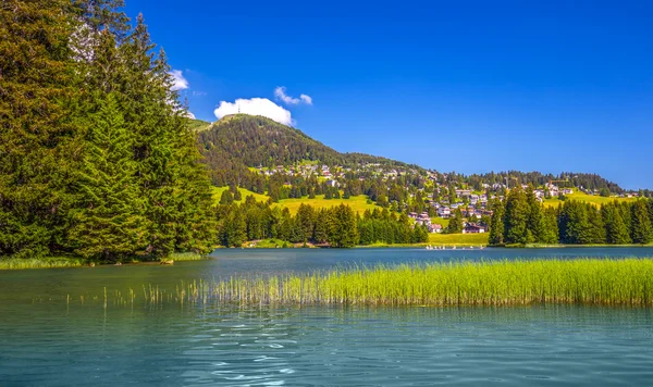 Villaggio di Lenzerheide con Haidisee nelle Alpi svizzere — Foto Stock