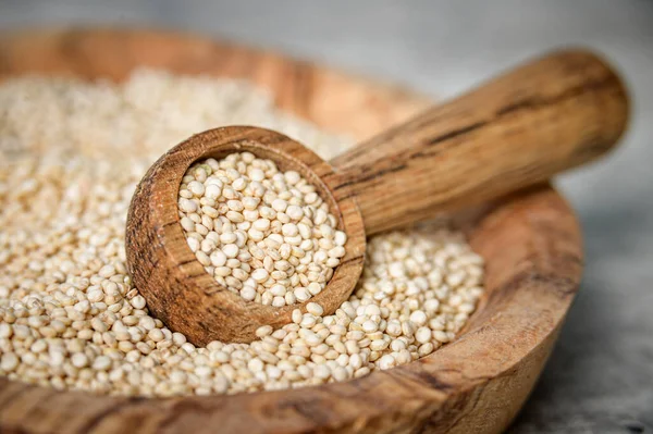 Raw White Quinoa Seeds Wooden Spoon — Stock Photo, Image