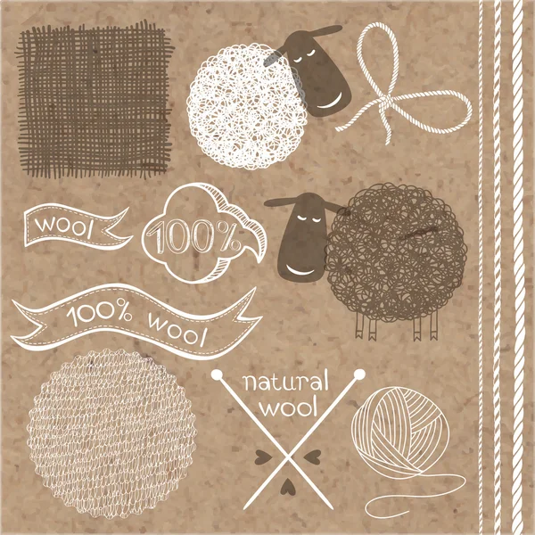 Étiquettes, autocollants et éléments en laine — Image vectorielle