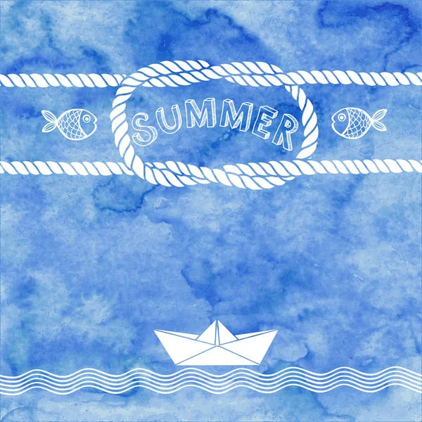 Aquarelle bleue avec bateau en papier et cadre de corde — Image vectorielle