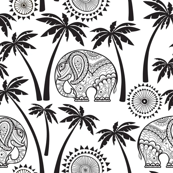 Seamless pattern with elephants and palms — 스톡 벡터