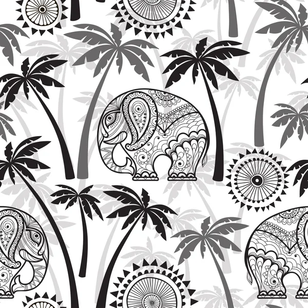 Seamless pattern with elephants and palms — 스톡 벡터