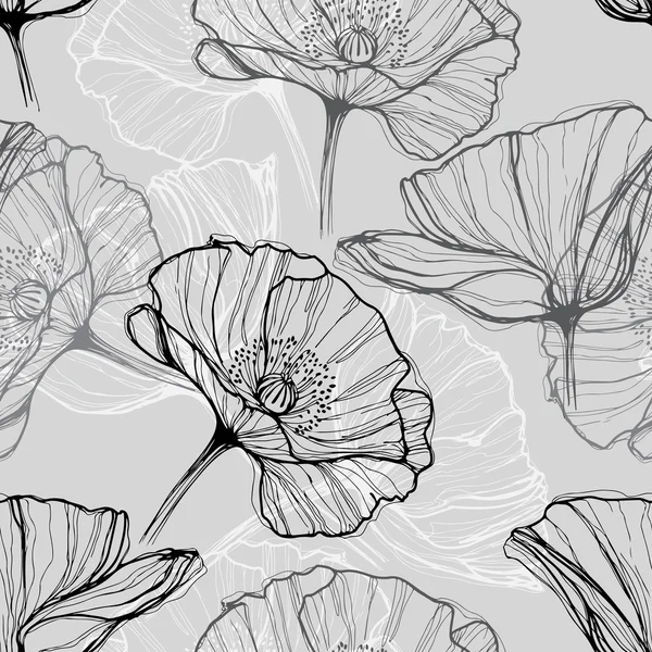 Monochrome seamless pattern with poppies. — Stock Vector