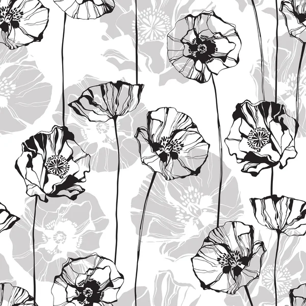 Monochrome seamless pattern with poppies. — Stock Vector