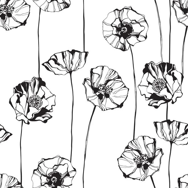 Black and white seamless pattern with poppies. — Stock Vector