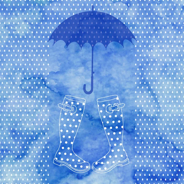 Regen, rubberen laarzen en paraplu — Stockvector