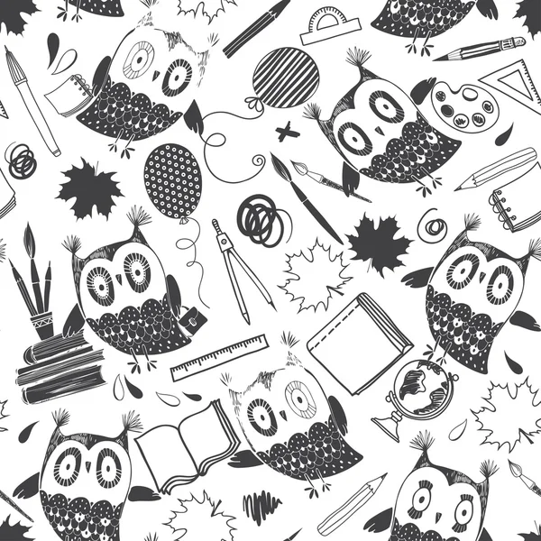 Pattern with owls and school supplies — Stock Vector