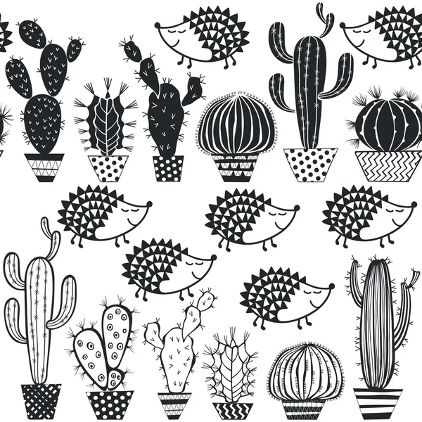 Seamless pattern with Hedgehogs & cactus. — Stock Vector