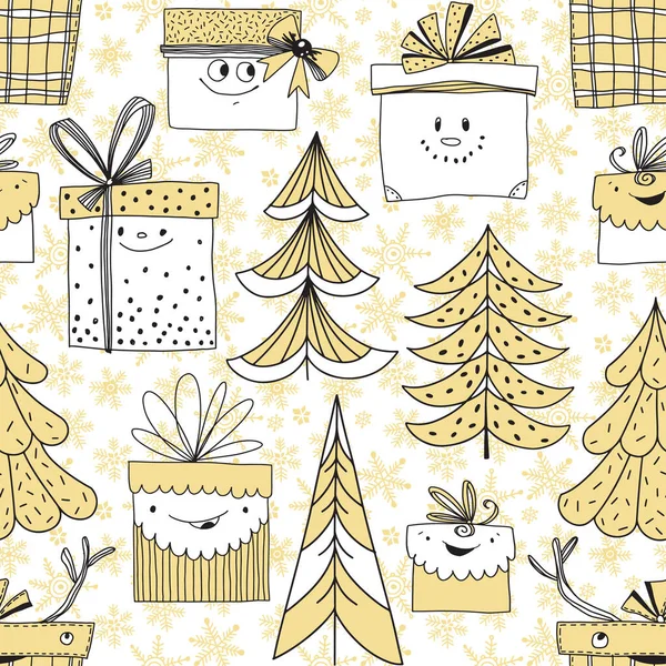 クリスマスや新年の背景には モミの木や弓や雪の結晶とギフトボックスがあります ベクトルクリスマスツリー 休日の招待状 ポストカード カバーデザインテンプレート ラッピング テキスタイルに最適です — ストックベクタ