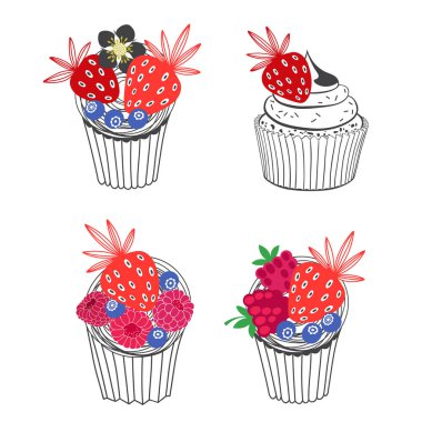 Kek seti. Vektör çizimi. Kek koleksiyonu. Logo, menü, çıkartma, tatil partisi davetiyesi tasarımı, selamlama ve teşekkür kartı, Sevgililer Günü,.