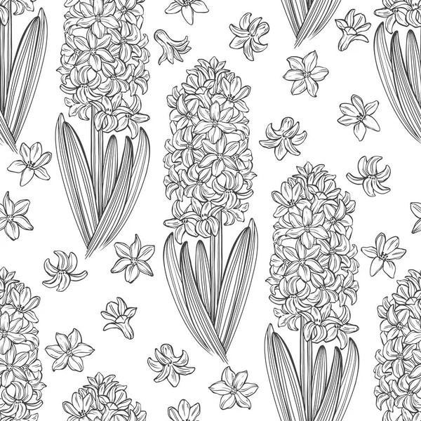 ヒヤシンス 花の無限の背景 手描きの春のベクターイラスト 黒と白概要 — ストックベクタ