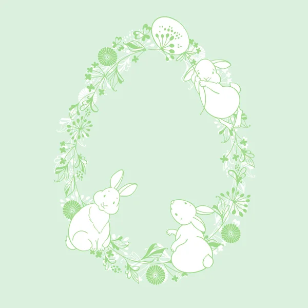 Pasen Achtergrond Template Met Bloemen Frame Drie Schattige Konijnen — Stockvector