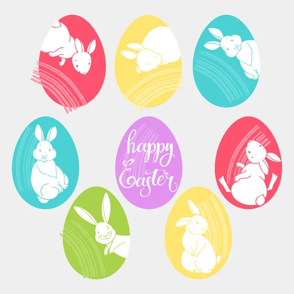 Tatlı Tavşanlı Çok Renkli Paskalya Yumurtaları Vektör Sekiz Ayrı Nesne — Stok Vektör