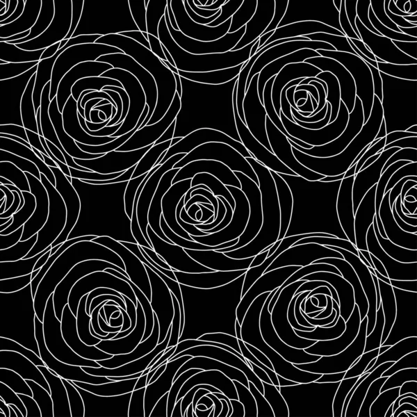 Contours Fleurs Roses Sur Noir Fond Floral Sans Fin Illustration — Image vectorielle