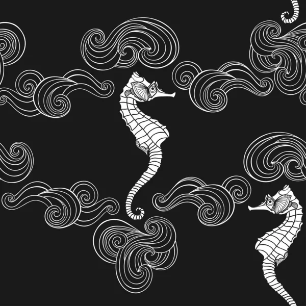 Seamless Pattern Marine Theme Seahorses Waves Vector Perfect Design Templates — Stock Vector